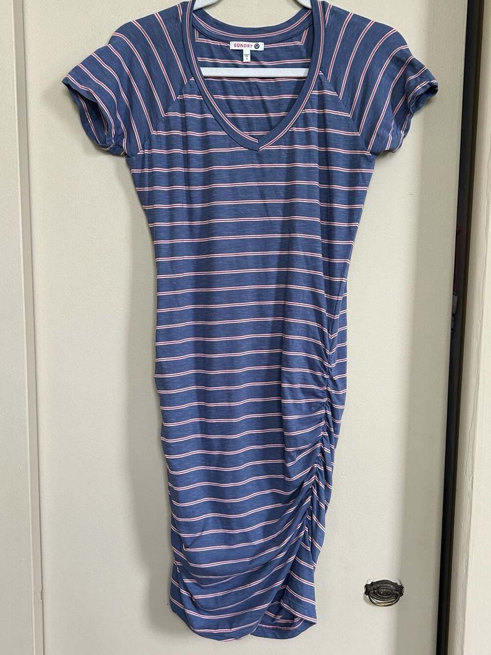 Sundry Striped Ruched V-Neck Dress Blue Size 1